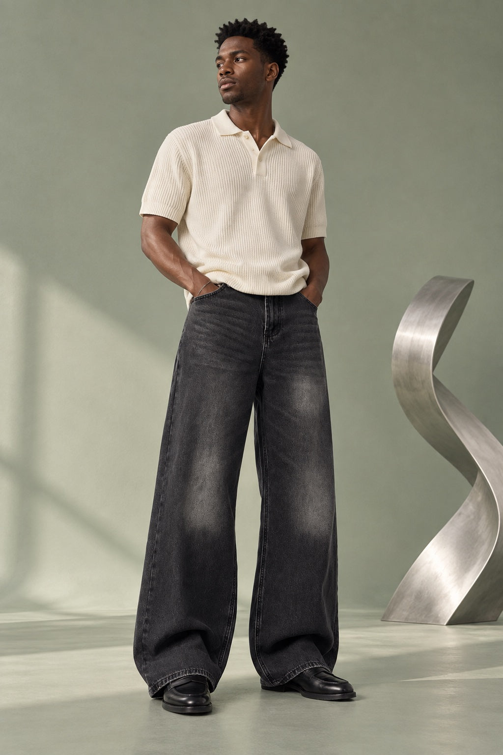 Ash Washed Straight-Leg Jeans — editorial full look
