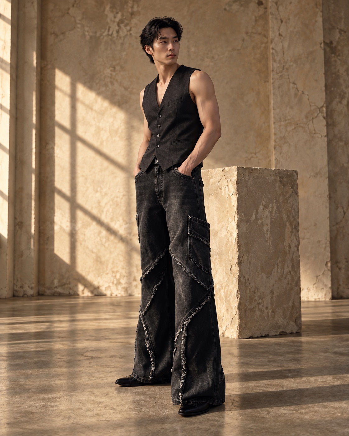 Black Washed Straight-Leg Jeans — editorial full look