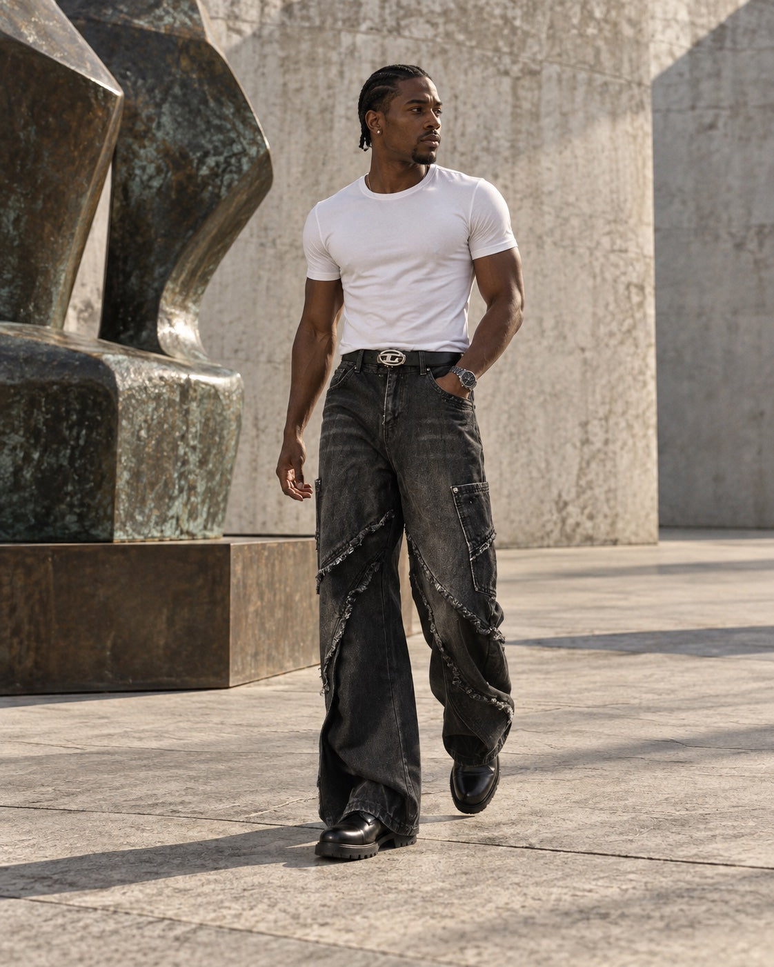 CLEAVER Baggy Jeans — style2 editorial, leather footwear