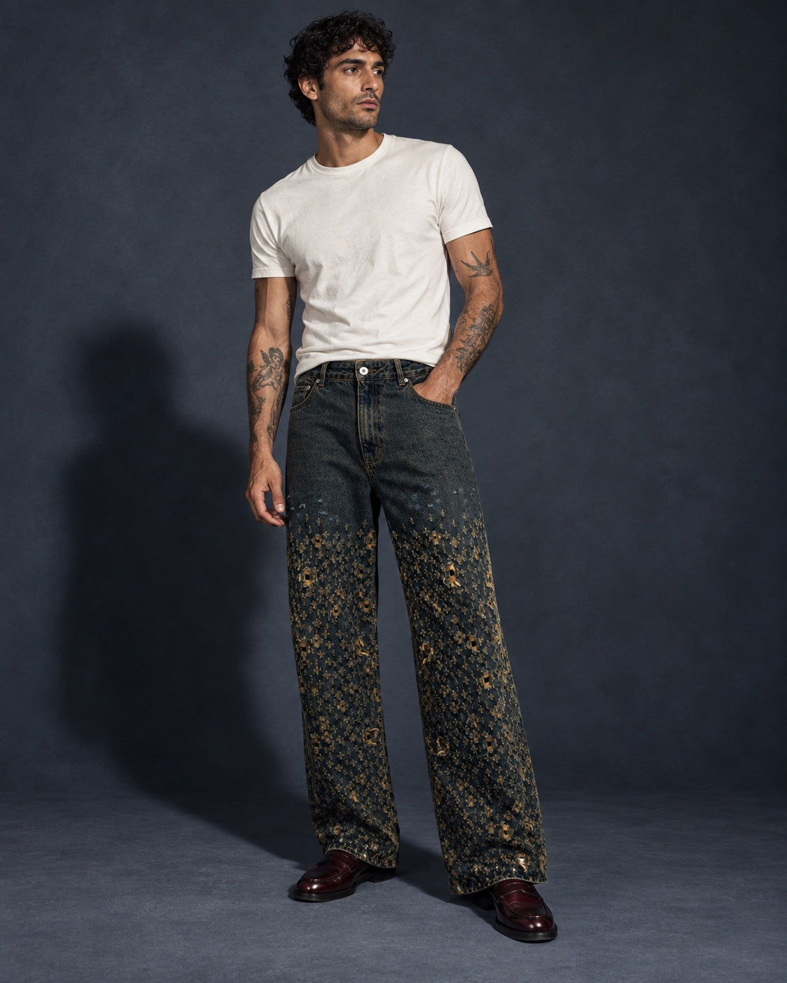 Distressed Straight-Leg Jeans — editorial full look