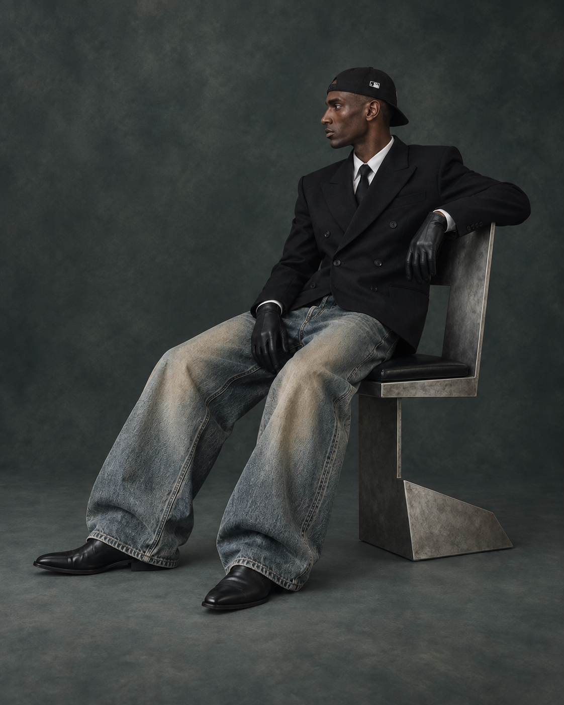 MACHETE Wide-Leg Jeans — black suit and leather boots