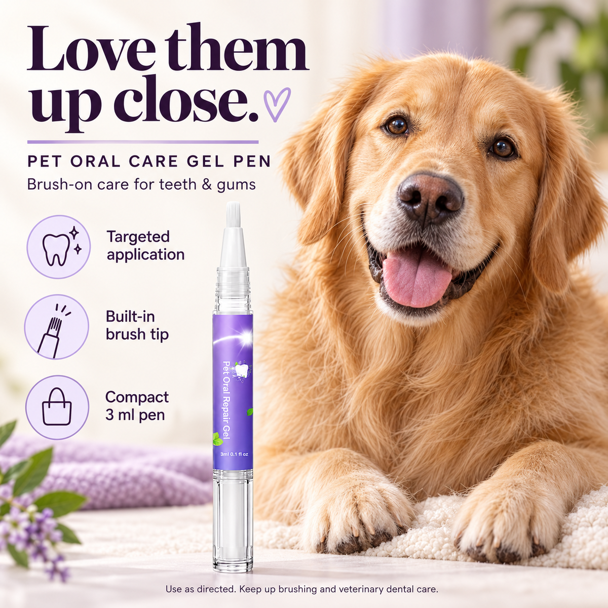 Pet oral care gel pen benefits: brush-on care for teeth and gums, targeted application, built-in brush tip and compact 3 ml size; golden retriever beside the pen.