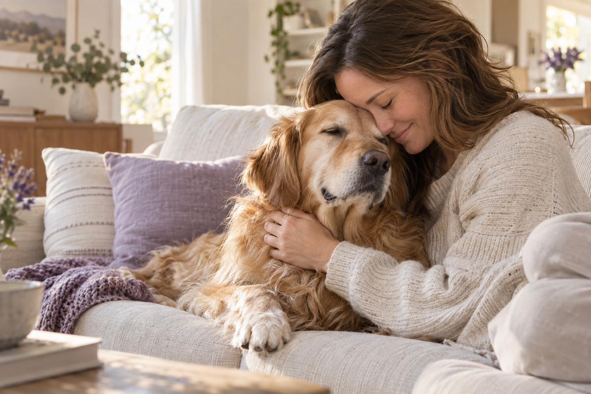 A pet owner cuddles her golden retriever on a cream sofa in a quiet, sunlit home.